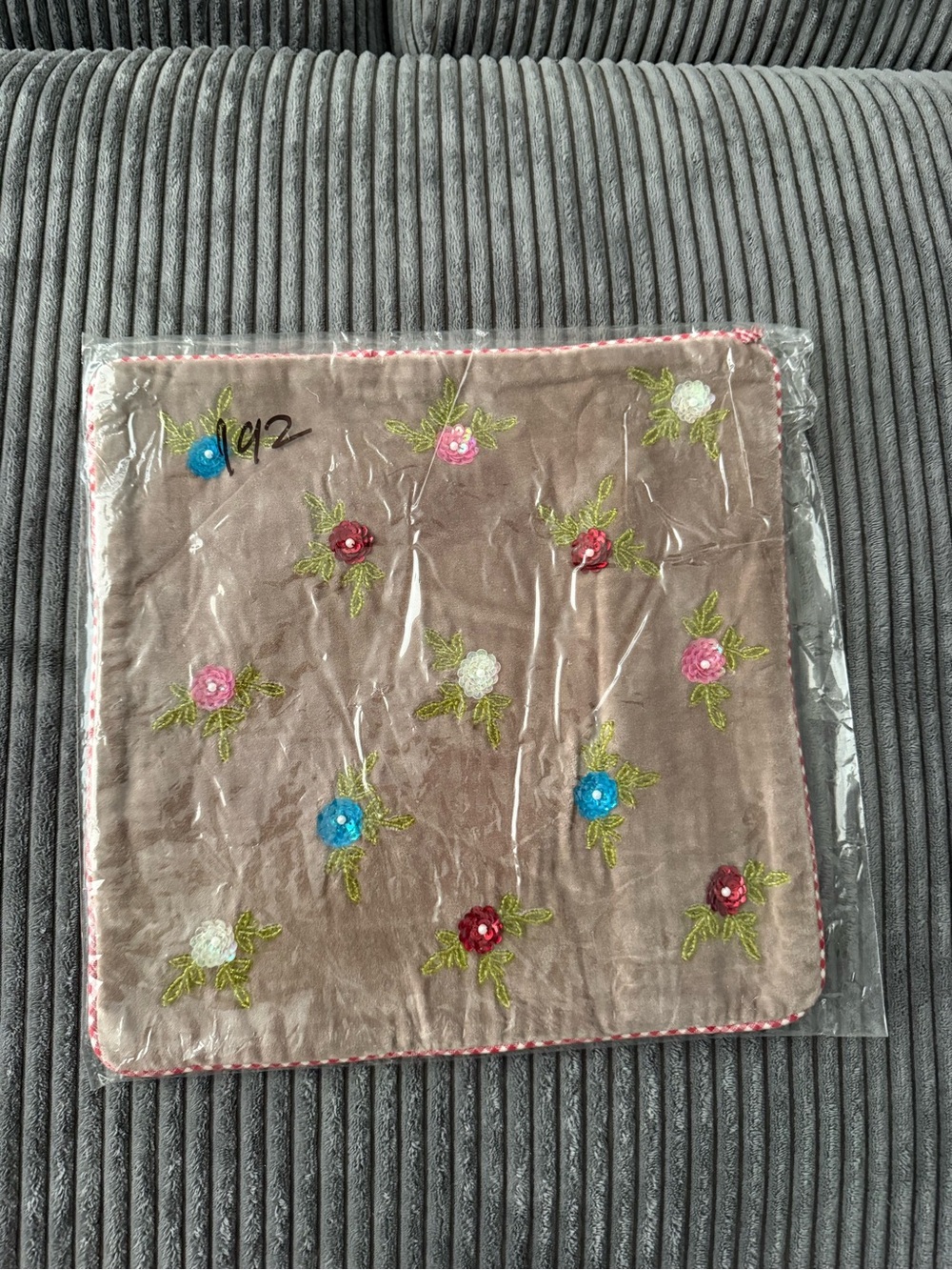 Pip Studio Home Taupe Embroidered Floral Velvet Pillow Cover 12x12”